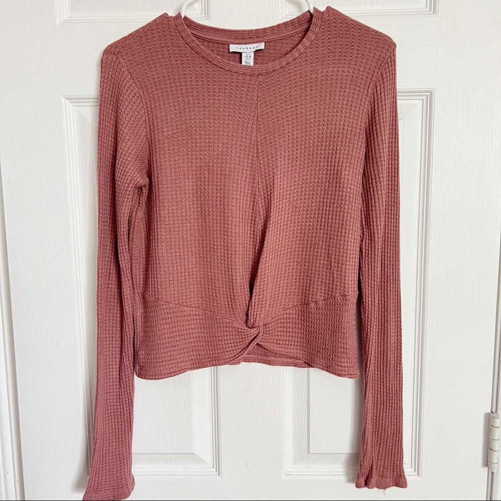 TOPSHOP | Blush Waffle Long Sleeve Crop Mauve Top